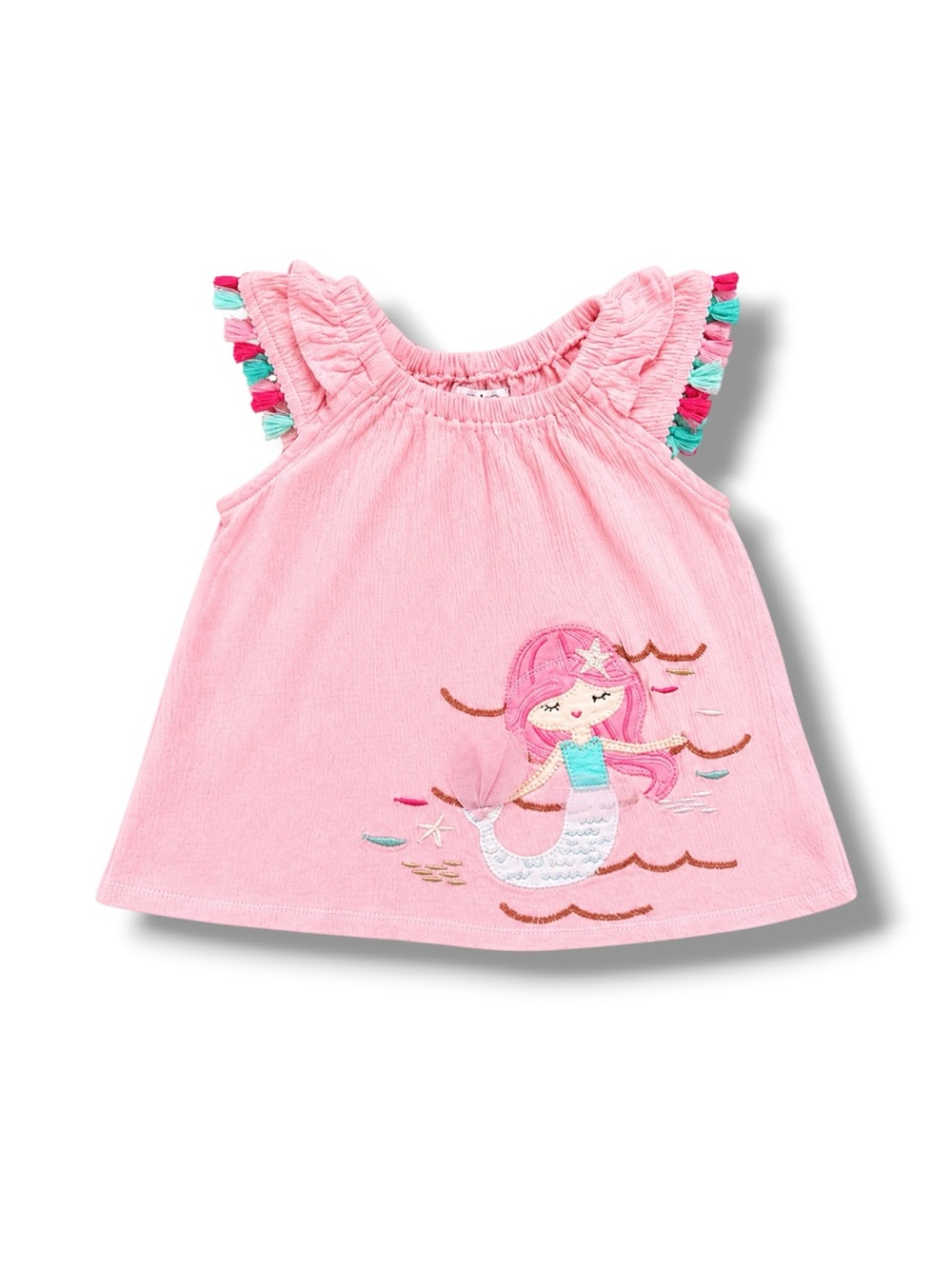 🦋3/$30 Mud Pie Pink Mermaid Dress 9-12M Tassel Trim Beach Theme